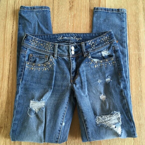 AMERICAN EAGLE Skinny Distressed Denim Studded Jeans Womens Size 2 (28" x 29.5") - Picture 1 of 4